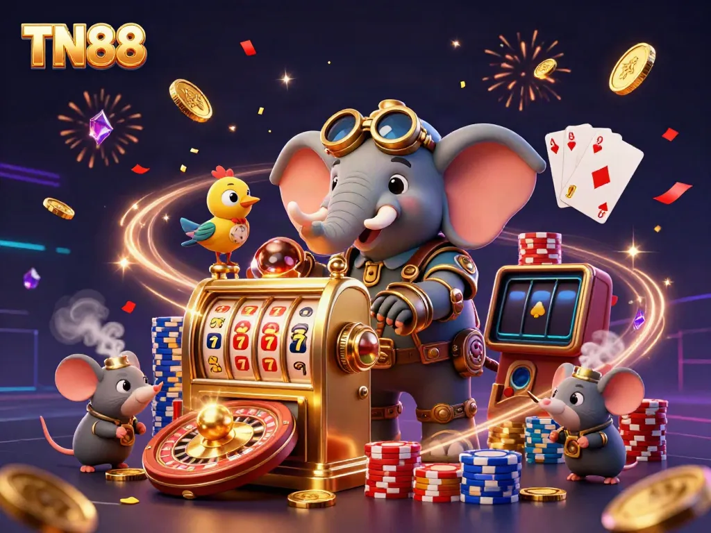 Engage with TN88 in a vibrant 3D steampunk casino illustration showcasing exciting gaming elements.