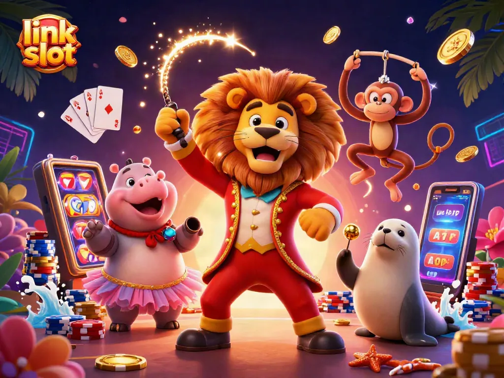 Experience thrilling gaming at link slot with vibrant characters, casino symbols, and festive energy.