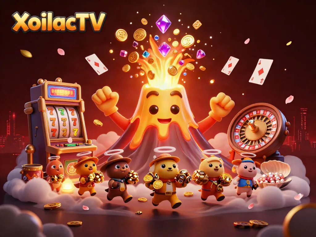 Experience thrilling gaming action with XoilacTV featuring a dynamic illustration of a golden volcano and casino elements.