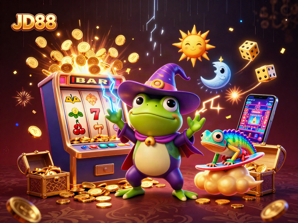 Join JD88's winning streak with a vibrant scene of a weather wizard frog and chameleon amidst casino excitement.