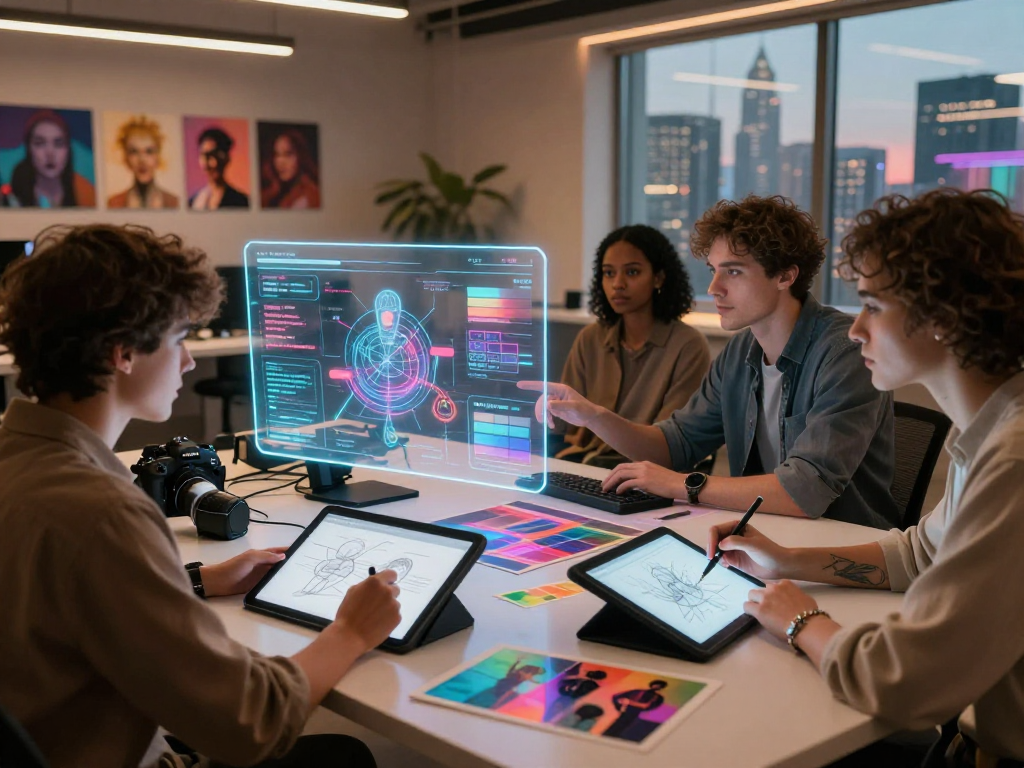Collaborative workspace of NSFW AI content creators using digital tools and holographic displays in a creative atmosphere.