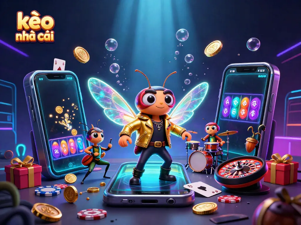 Experience the excitement of kèo nhà cái with a vibrant 3D illustration featuring rocks stars and casino games.
