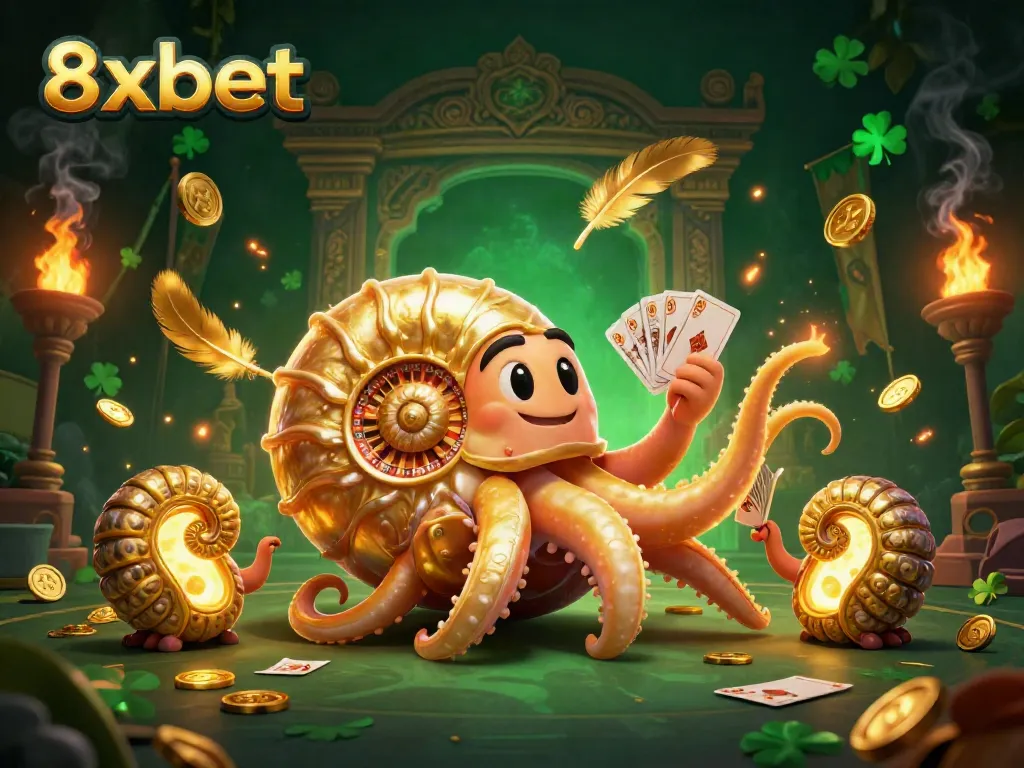 Experience the thrill of 8xbet with a dynamic scene featuring a nautilus-themed roulette wheel and glowing cards.