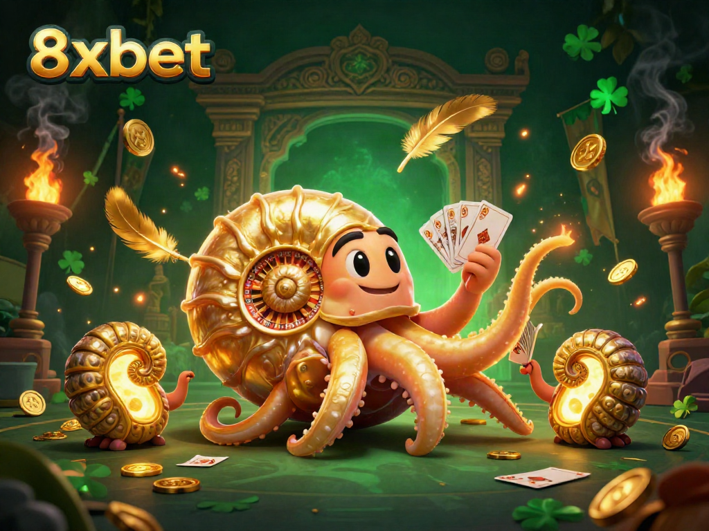 Experience the thrill of 8xbet with a dynamic scene featuring a nautilus-themed roulette wheel and glowing cards.