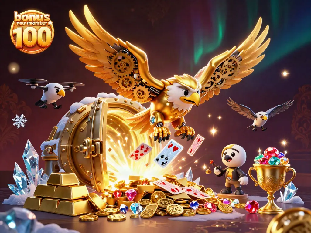 Experience the excitement with bonus new member 100 in a vibrant, dynamic casino illustration.