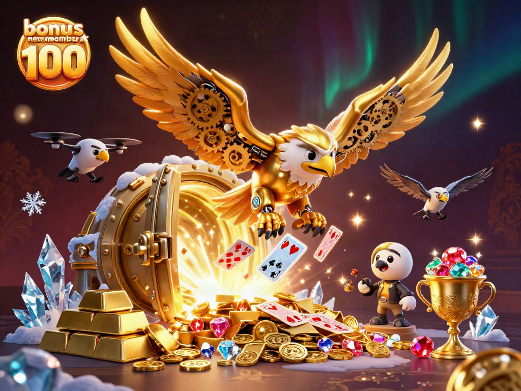 Experience the excitement with bonus new member 100 in a vibrant, dynamic casino illustration.