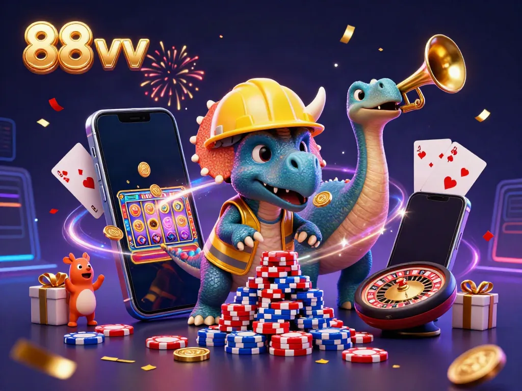 Engage in exciting games with 88 vv, featuring a dynamic triceratops and slot machines in celebration.