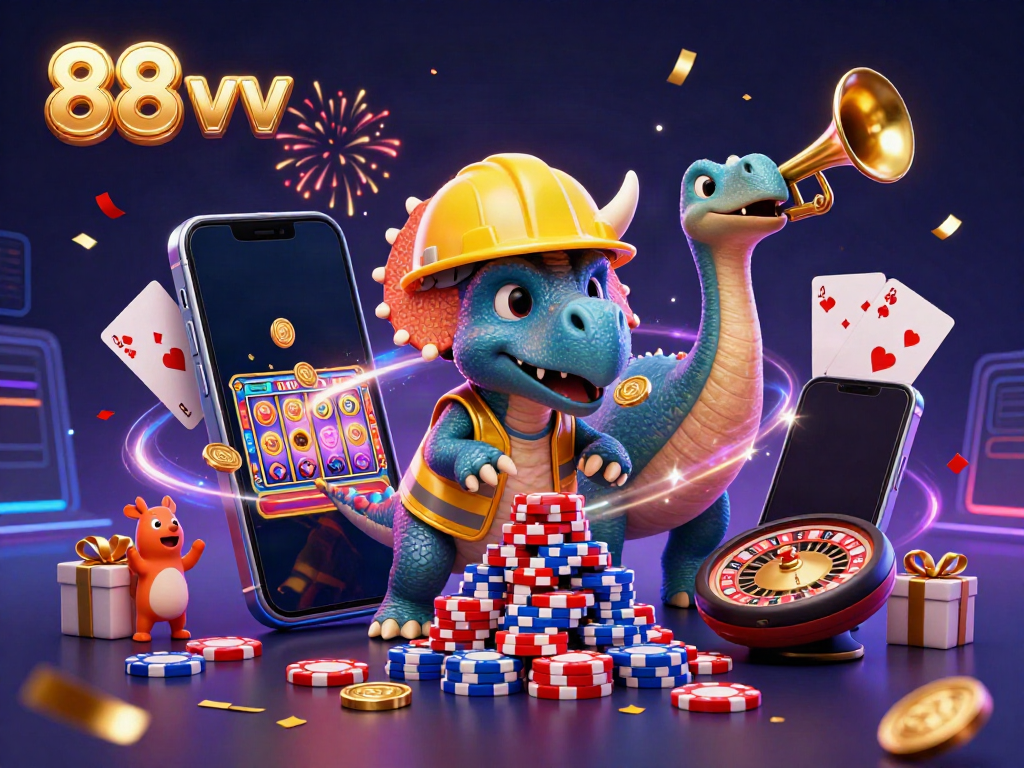Engage in exciting games with 88 vv, featuring a dynamic triceratops and slot machines in celebration.