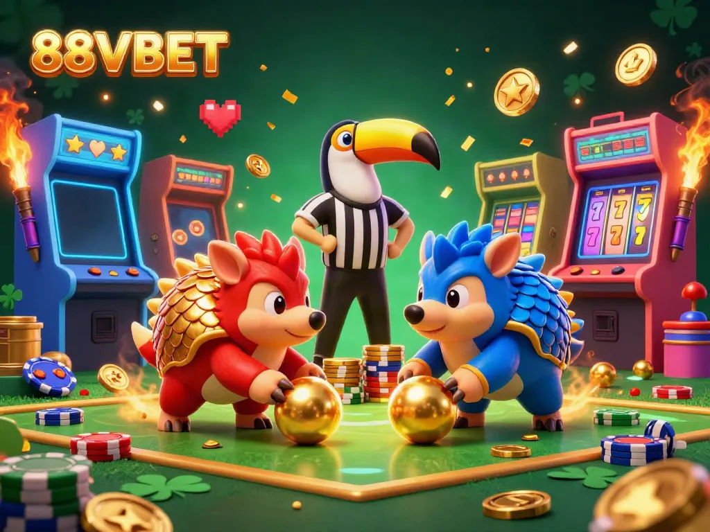 Witness the thrilling action at 88VBET as pangolins bowl through poker chips amidst vibrant casino elements.