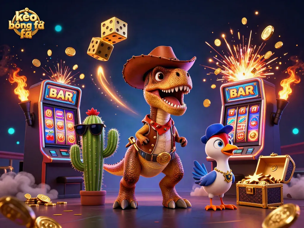 Engage with kèo bóng đá in a lively 3D scene featuring a T-Rex cowboy, slot machines, and winning sparks.