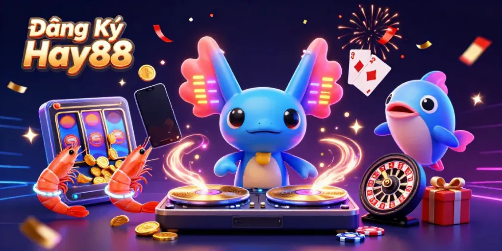 Spin the reels with Đăng Ký Hay88 featuring a vibrant DJ axolotl and energetic underwater casino scene.
