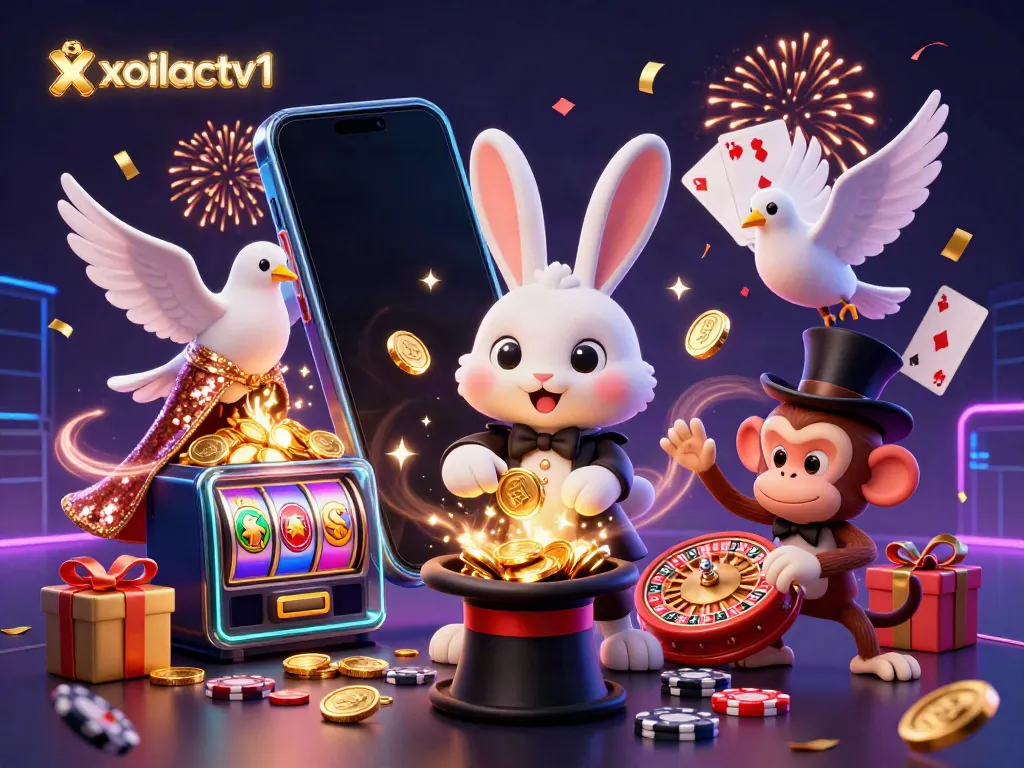 Xoilactv1 features a magician rabbit, dove, and monkey engaging with casino elements and celebratory confetti.