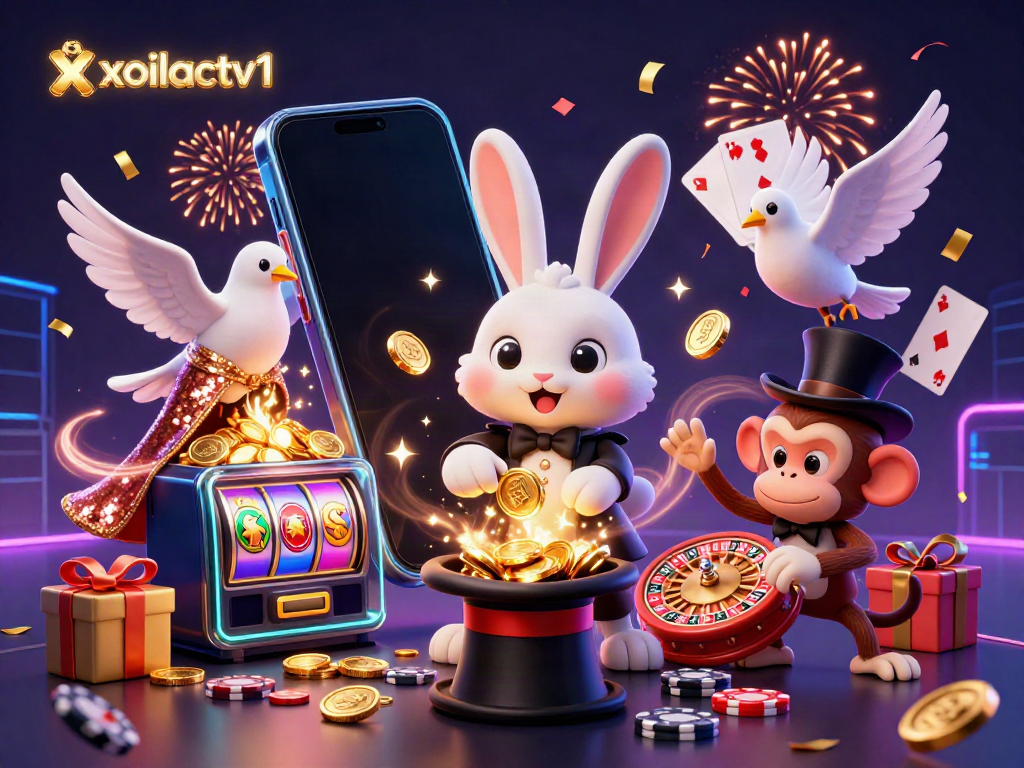 Xoilactv1 features a magician rabbit, dove, and monkey engaging with casino elements and celebratory confetti.