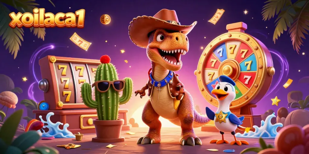 Experience the excitement of xoilaca1 with a dynamic cowboy dinosaur and vibrant casino elements.
