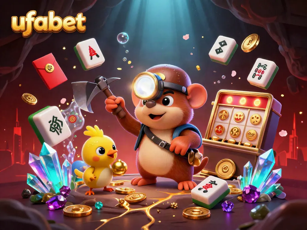 Engage in ufabet gaming with a cartoon mole and treasures in a vibrant casino scene