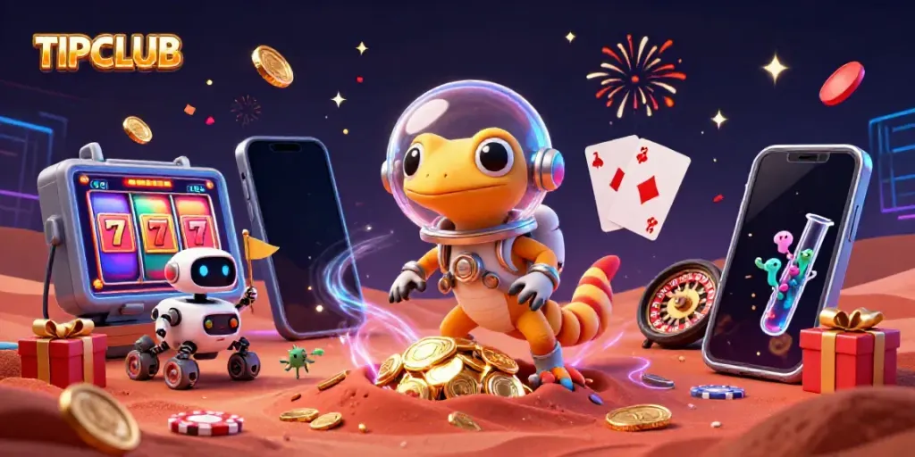 Experience winning at TIPCLUB in a vibrant Martian casino with colorful slot games and gold coins.