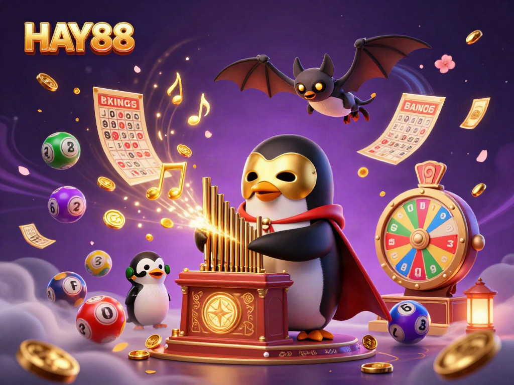 Experience HAY88's energetic casino ambiance with a whimsical cartoon scene full of vibrant colors and game elements.