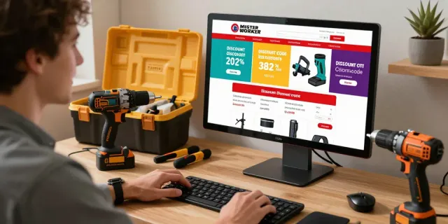 Shopper excitedly exploring deals with mister worker discount code on screen, showcasing tools and workwear.
