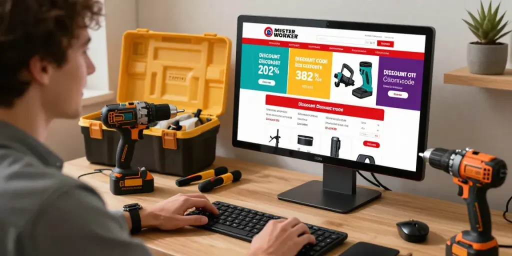 Shopper excitedly exploring deals with mister worker discount code on screen, showcasing tools and workwear.