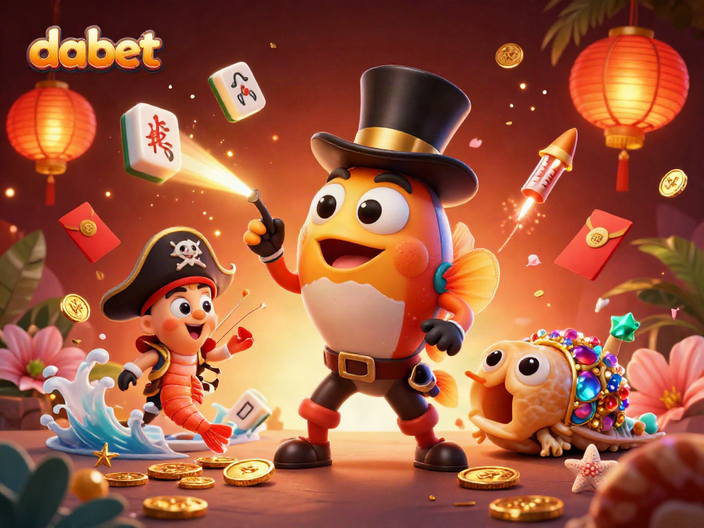 Dabet attracts lucky coins in a vibrant underwater casino scene with charming characters.
