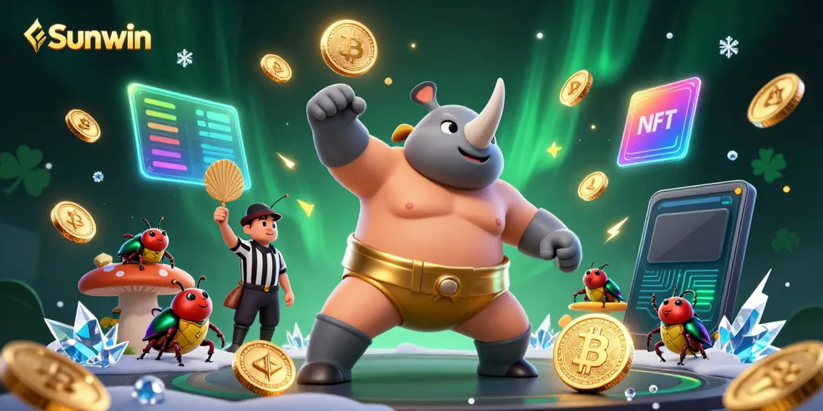 Experience the thrill of Sunwin with a vibrant 3D illustration of a sumo beetle champion amidst flying coins and crypto elements.