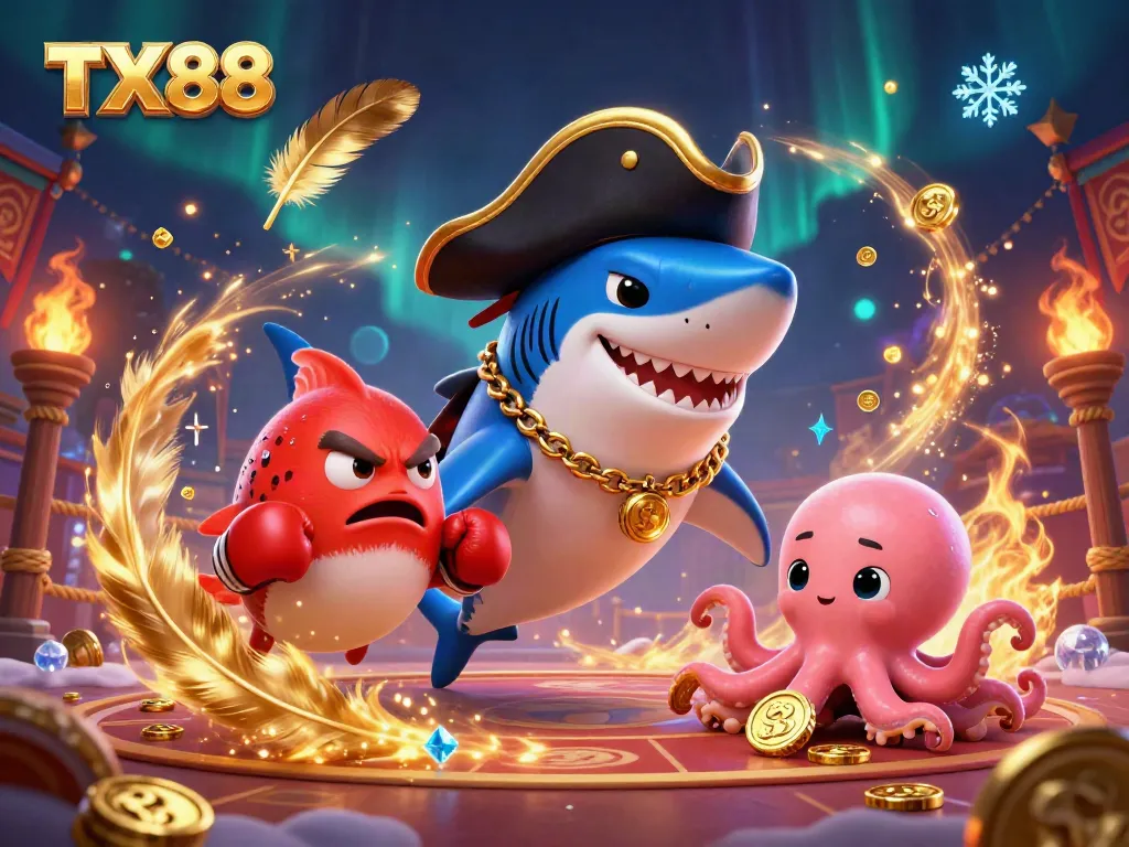 Join the exciting TX88 casino adventure with a pirate shark, pufferfish sidekick, and octopus baby amidst treasure.