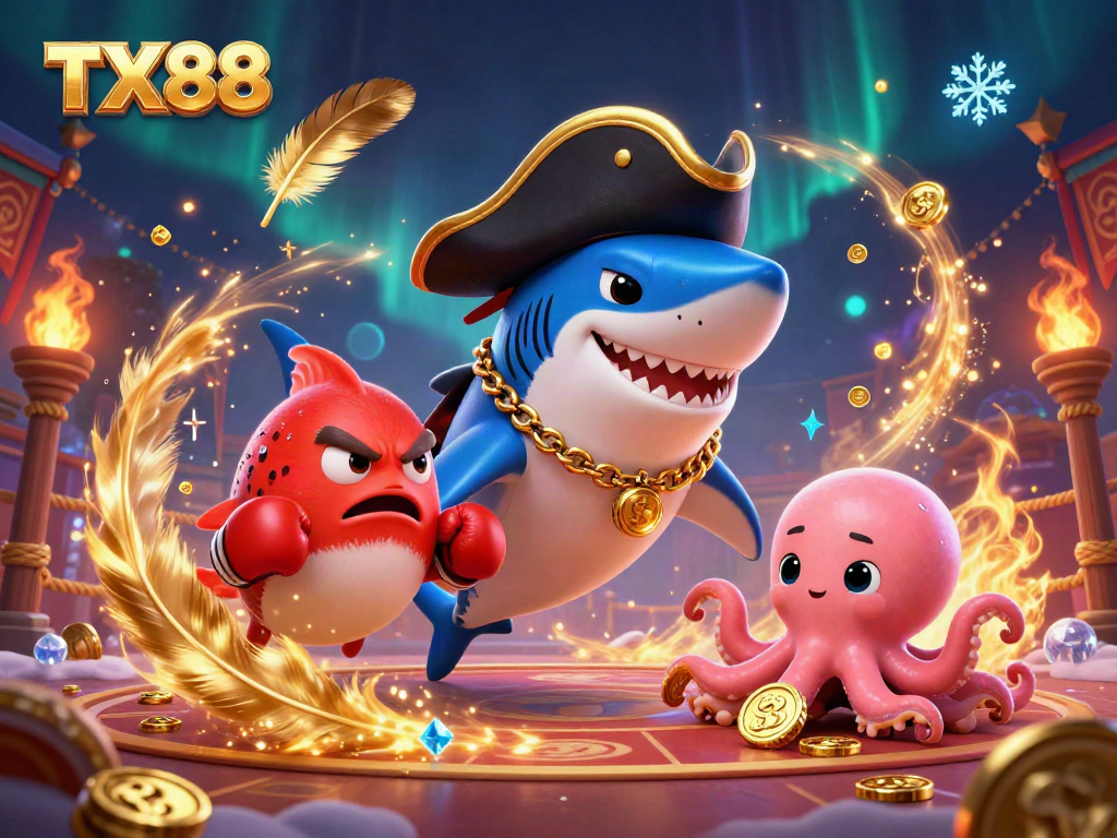 Join the exciting TX88 casino adventure with a pirate shark, pufferfish sidekick, and octopus baby amidst treasure.