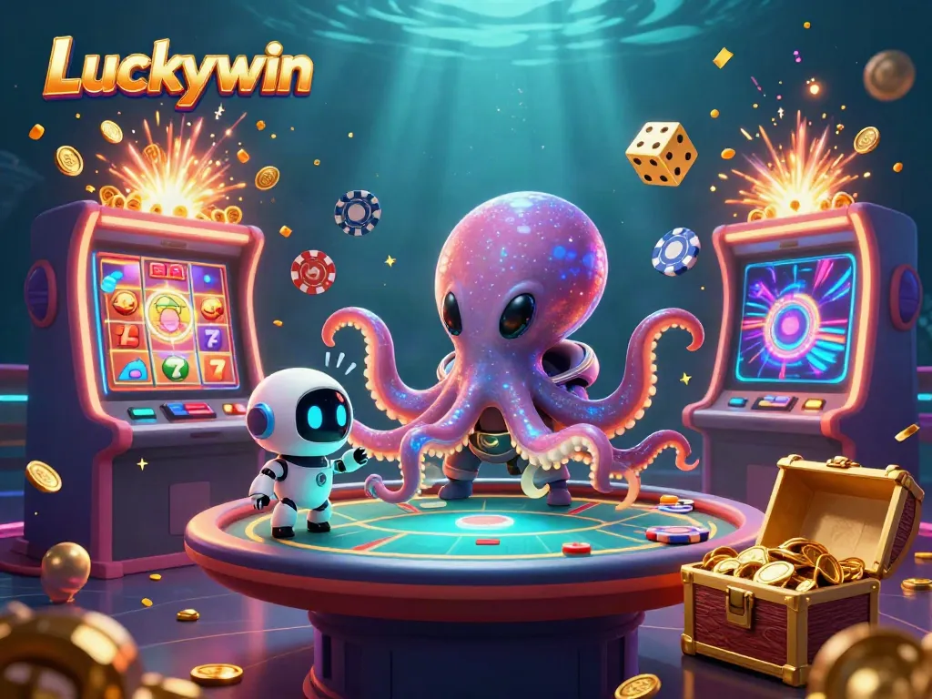 Experience Luckywin's thrilling casino action with a vibrant, dynamic 3D scene of an alien octopus playing poker beside a joyful robot.
