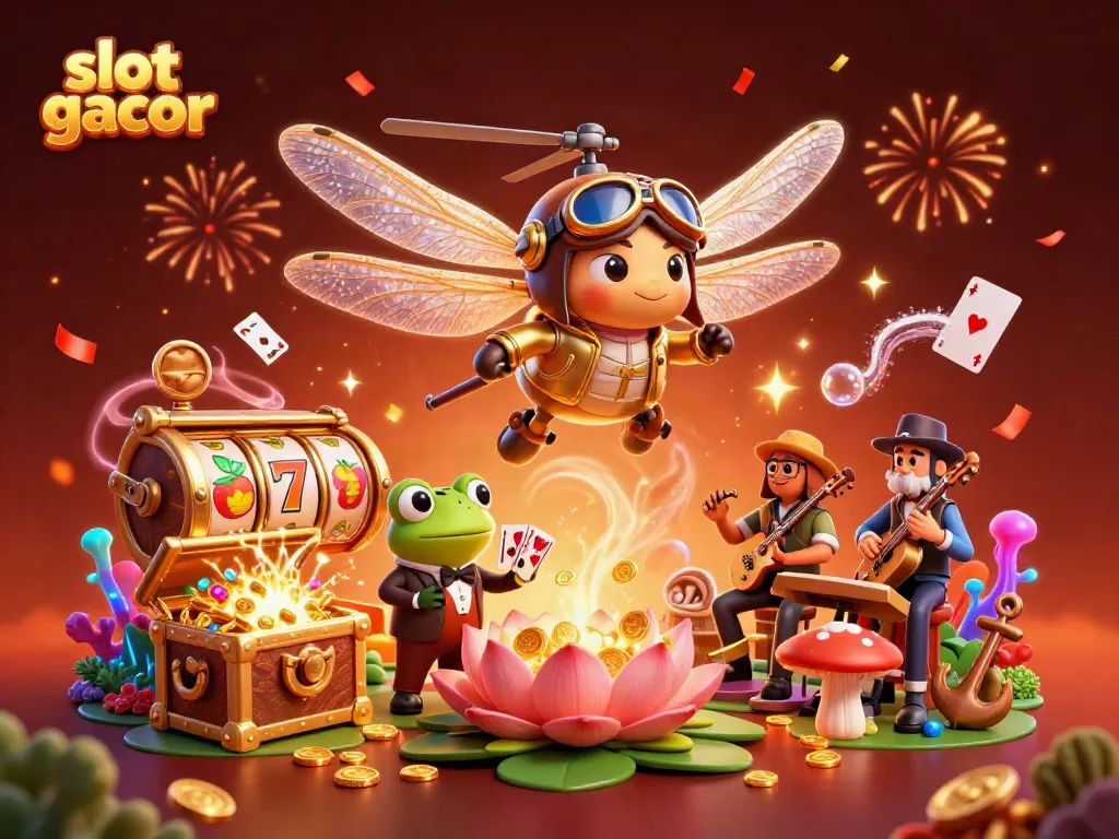 Experience the thrill of slot gacor with vibrant characters and dynamic casino elements in this lively 3D scene.