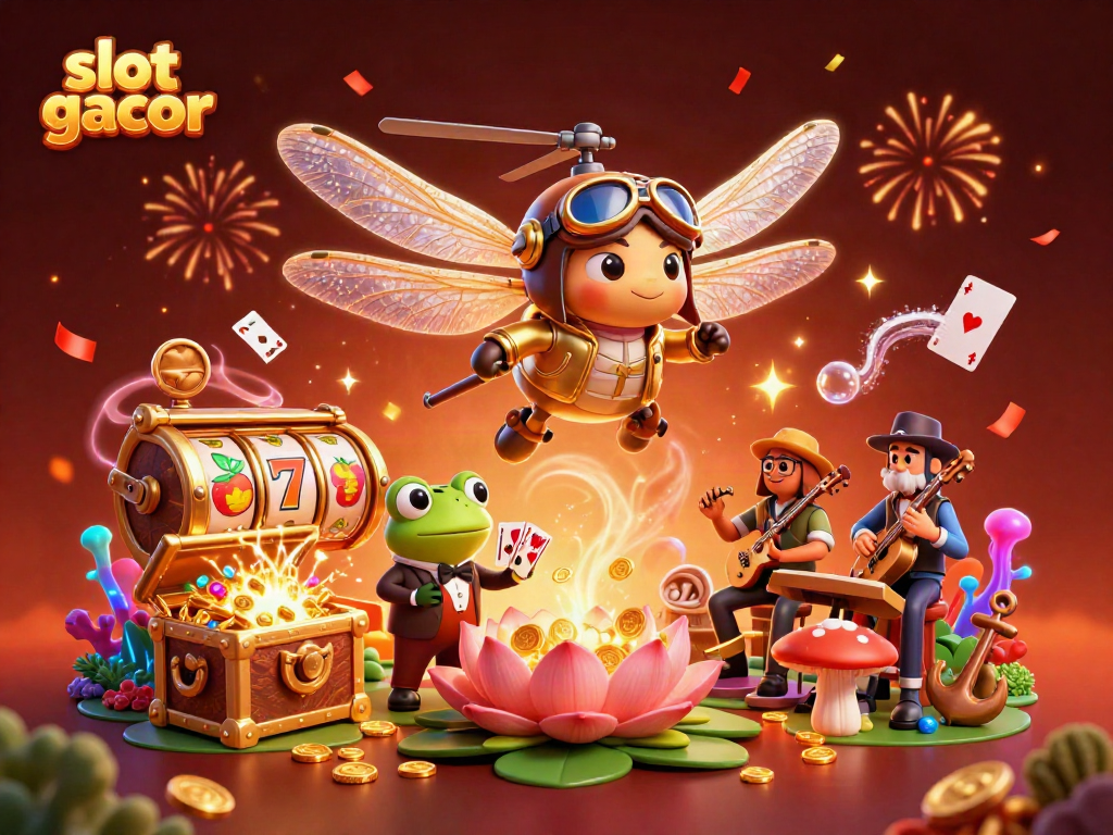 Experience the thrill of slot gacor with vibrant characters and dynamic casino elements in this lively 3D scene.