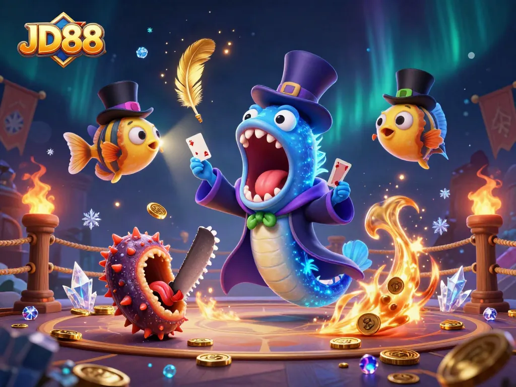 Experience thrilling card tricks with the JD88 characters in a vibrant casino setting.
