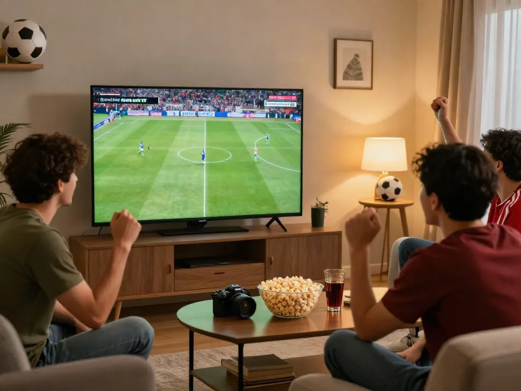 Excited fans watching football live on Gavangtv in a cozy setting.