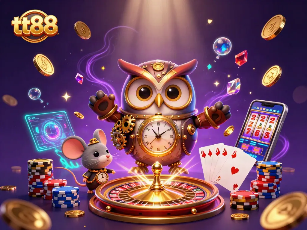 Experience the thrill of tt88 with a colorful 3D casino scene featuring an owl and clockwork mouse.