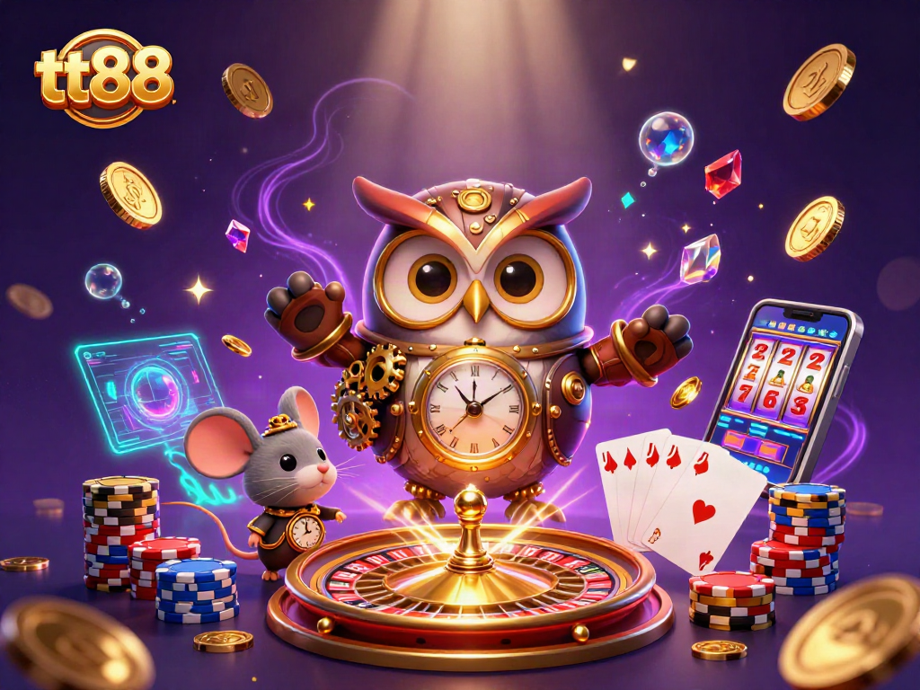 Experience the thrill of tt88 with a colorful 3D casino scene featuring an owl and clockwork mouse.