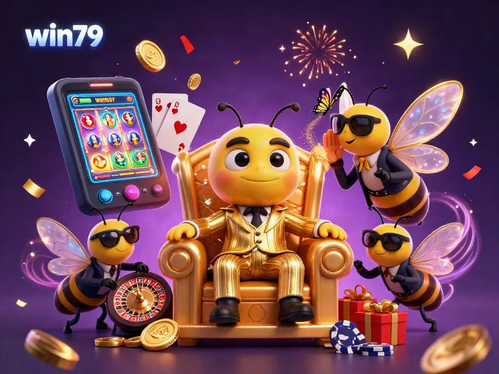 Experience win79 with a playful mob boss and dynamic gaming elements in vibrant 3D illustration.