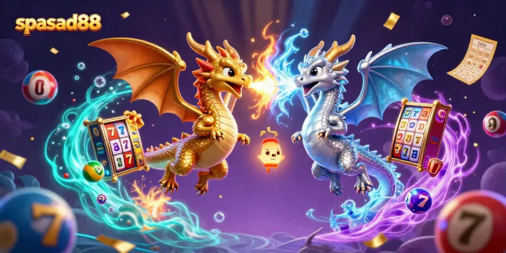 Experience thrilling games with spasad88 as golden and silver dragons battle amidst vibrant casino elements.