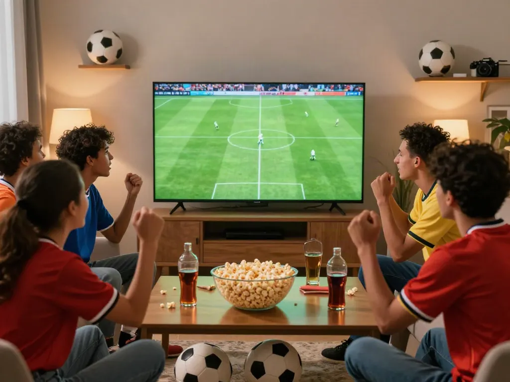 Friends enjoying a live soccer match on Socolive in a cozy living room with snacks and team jerseys.