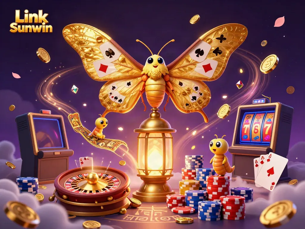 Win big at Link Sunwin with golden coins and vibrant game elements in a magical casino scene.