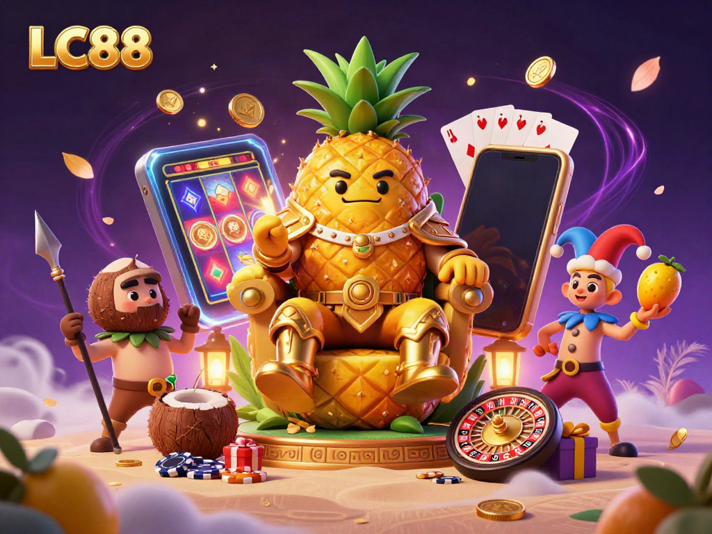 Experience vibrant LC88 casino action with a golden pineapple king and dynamic gaming elements.