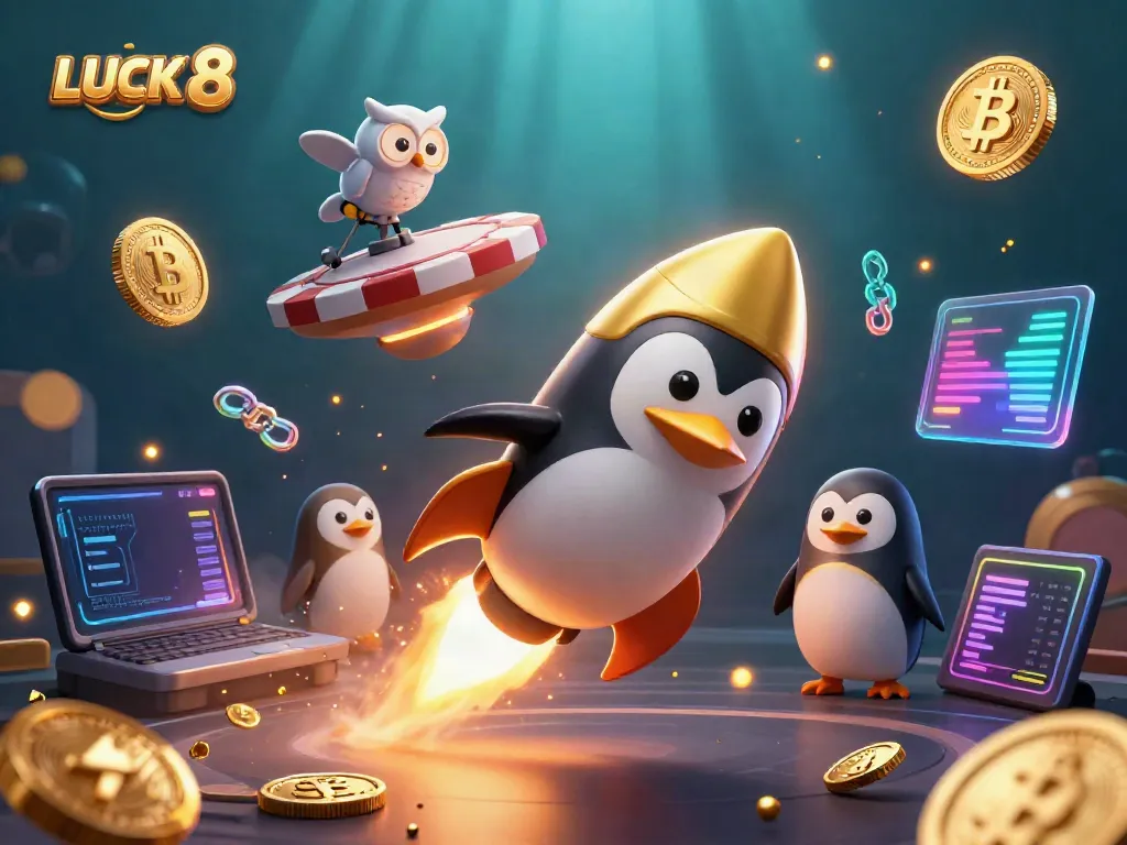 Experience thrilling adventure with LUCK 8 in a vibrant casino scene featuring golden penguins and crypto elements.