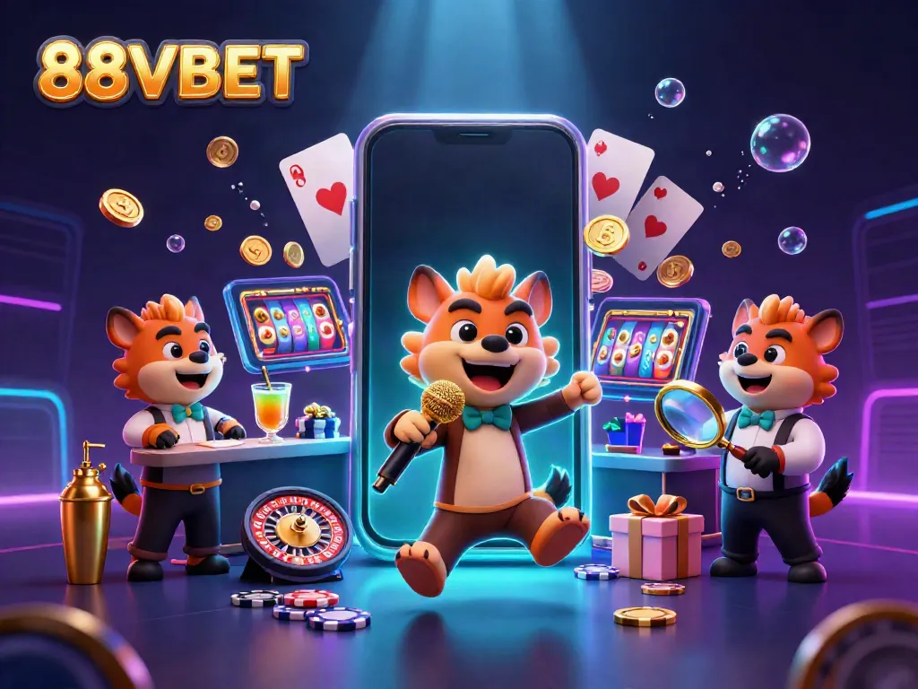 Experience the excitement of 88VBET with cartoon hyenas in a vibrant casino setting, showcasing the thrill of gaming.
