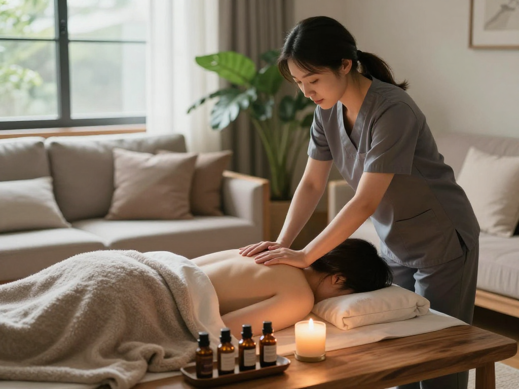 Relaxing 영종도출장마사지 session in a cozy home environment with soft lighting and soothing elements.