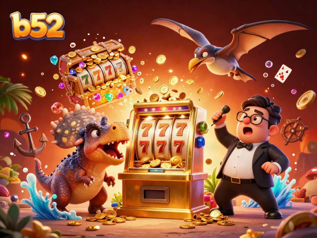 B52 casino scene with a pachycephalosaurus jackpoting while an ankylosaur manages the chaos, highlighting slots and coins.