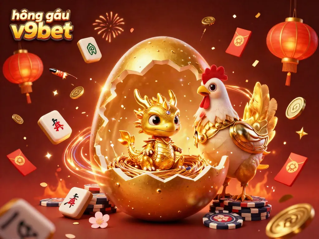 Experience the thrill of hướng dẫn cá cược v9bet with a vibrant 3D illustration featuring a golden dragon and poker elements.