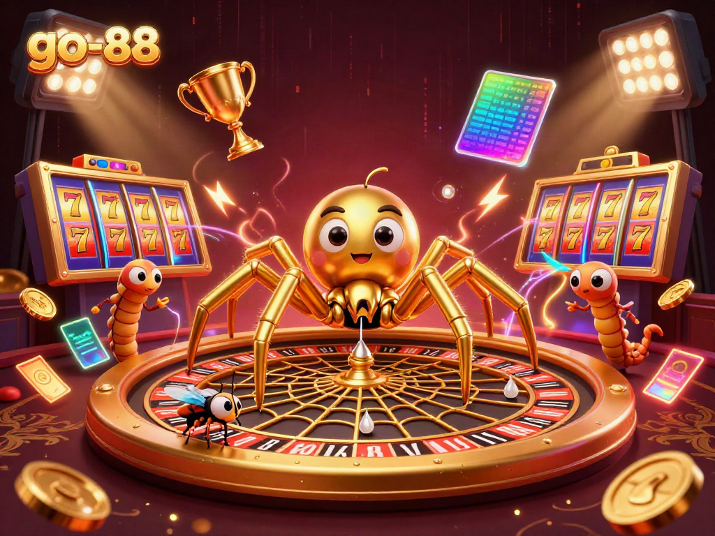 This vibrant go-88 illustration captures a golden spider and a centipede croupier amidst dazzling casino elements, spinning luck at the roulette.