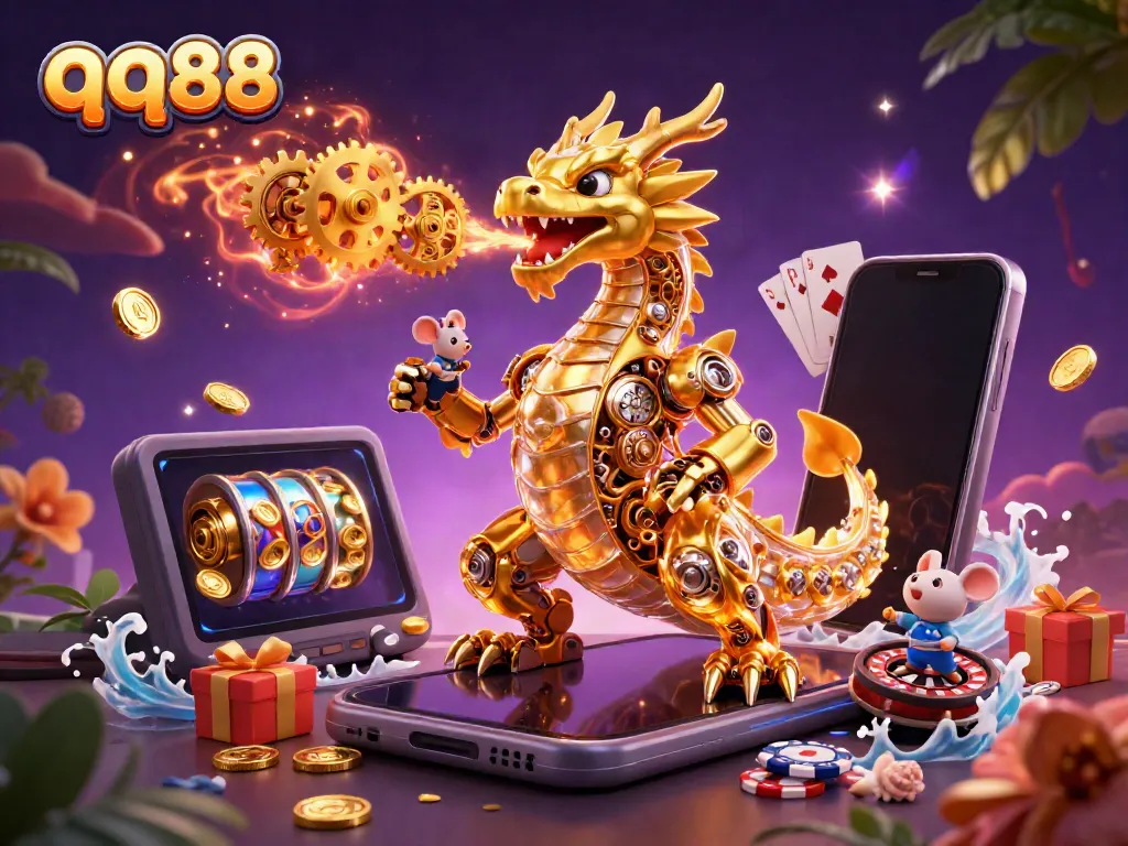 Engage with qq88’s vibrant casino world featuring a golden dragon and thrilling games.