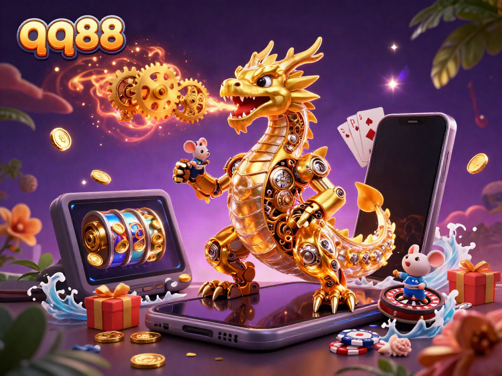 Engage with qq88’s vibrant casino world featuring a golden dragon and thrilling games.