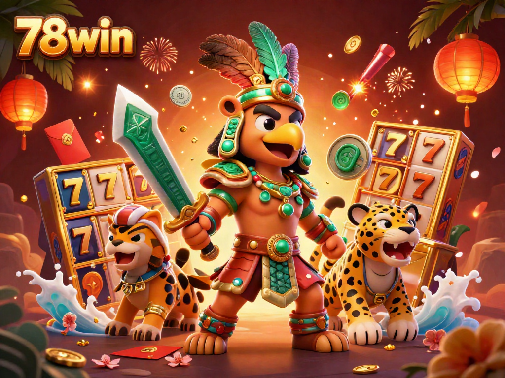 Engage with thrilling gameplay at 78win, featuring an Aztec warrior amidst dynamic slot symbols and vibrant casino elements.