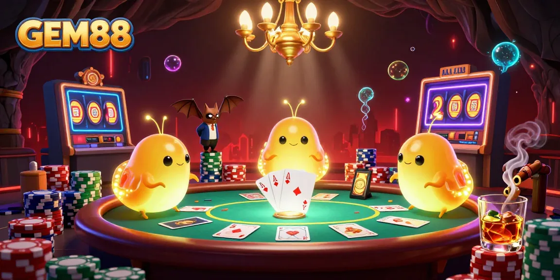 Experience the excitement of GEM88 as glowworms light up a vibrant casino scene with poker elements.