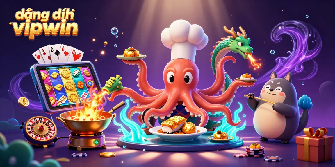 Experience đăng ký vipwin with a vibrant 3D casino scene featuring a cartoon octopus chef and fun gaming elements.